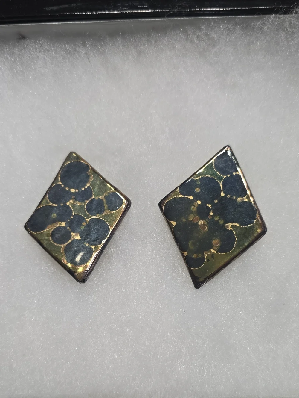 Gold and Black Floral Diamond-Shaped Stud Earrings